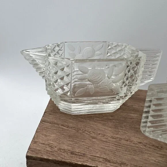 Art Deco Vintage Glass Etched Sugar Bowl Roses Floral Flowers - Picture 3 of 16